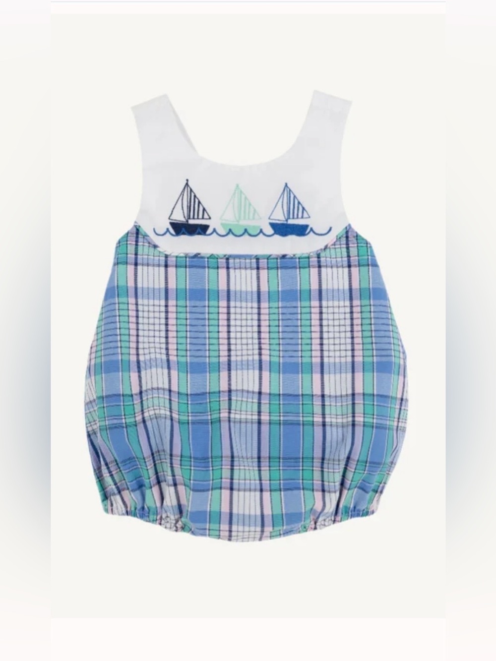 The Beaufort Bonnet Company Sandler Sunsuit in Lauderdale Pier Plaid, size 2T